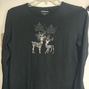 Croft & Barrow classic tee - black with silver metallic reindeer - holiday top